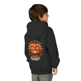 Youth Halloween Pumpkin Hoodie —“ God Money Power” Jack-o'-Lantern Graphic Hooded Sweatshirt