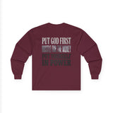 Long Sleeve Tee — "Put God First, Hustle for the Money, Put Yourself in Power" Inspirational Faith & Hustle Top