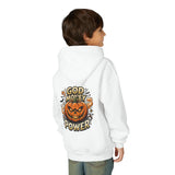 Halloween Pumpkin Hoodie — “God Money Power” Graphic Youth Sweatshirt