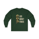 GMP Long Sleeve Tee — God Money Power Gold Graphic