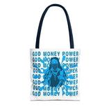 God Money Power Graphic Tote Bag — Blue Urban Goddess All-Over Print Tote