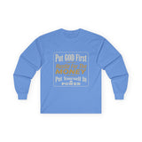 Inspirational Faith Hustle Long Sleeve Tee — “Put GOD First, Hustle For The MONEY, Put Yourself In POWER”