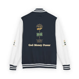 Letterman Jacket — "God • Money • Power" Embroidered Red & White Varsity
