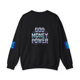 Crewneck Sweatshirt — 'God Money Power' Blue Graphic Pullover