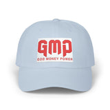 God Money Power Dad Cap – White Embroidered GMP Baseball Hat