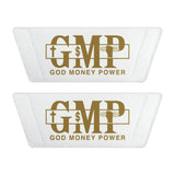 Slide Sandals — White "GMP" Gold Logo Slides (God Money Power)