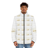 Money Print Puffer Jacket — White Quilted Men’s Winter Coat with Gold Text