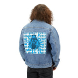 Denim Jacket — Blue Graphic Back Print ‘GOD MONEY POWER’ Streetwear Jacket