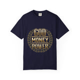 God Money Power T-Shirt — Bold Gold Laurel Graphic Tee