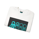 Crewneck Sweatshirt — GOD MONEY POWER Graphic Crewneck (Neon Cyan on White)