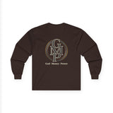 Long Sleeve Tee — Gold Monogram GMP Logo “God, Money, Power”