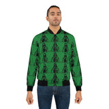Green Patterned Bomber Jacket — Repeating Hooded Figure All-Over Print