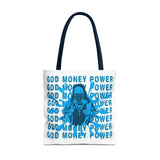 God Money Power Graphic Tote Bag — Blue Urban Goddess All-Over Print Tote