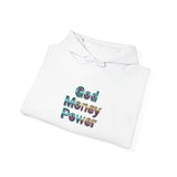 God Money Power Hoodie — Inspirational Graphic Pullover with Script on Sleeves