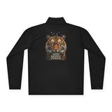 Tiger Graphic Quarter-Zip Pullover — 'God • Money • Power' Chest & Back Print