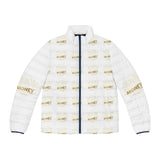 Money Print Puffer Jacket — White Quilted Men’s Winter Coat with Gold Text