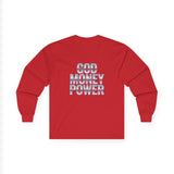 God Money Power Long Sleeve Tee — Retro Neon Graphic Faith & Hustle Shirt