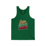 God Money Power Graphic Tank Top — Faith & Hustle Comic-Style Design
