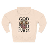God Money Power-Hoodie — Skull Graphic Three-Panel Fleece Pullover