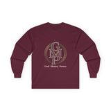 Long Sleeve Tee — Gold Monogram GMP Logo “God, Money, Power”