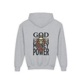 Youth Hoodie "God Money Power" Skull Graphic