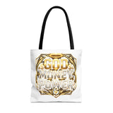 Tote Bag — "God Money Power" Gold Graphic Tote for Faith & Hustle
