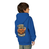 Halloween Pumpkin Hoodie — “God Money Power” Graphic Youth Sweatshirt