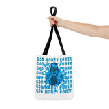 God Money Power Graphic Tote Bag — Blue Urban Goddess All-Over Print Tote