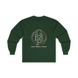 Long Sleeve Tee — Gold Monogram GMP Logo “God, Money, Power”