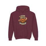 Halloween Pumpkin Hoodie — “God Money Power” Graphic Youth Sweatshirt