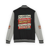 Letterman Jacket — "Put GOD First, Hustle For The MONEY, Put Yourself In POWER" Inspirational Varsity Coat