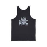 God Money Power Tank Top — Blue Graphic Faith & Hustle Sleeveless Shirt