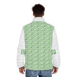 GMP Logo Puffer Jacket — All-Over Print Green Block Pattern