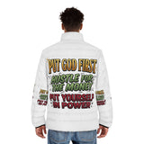 Puffer Jacket — "Put God First, Hustle for the Money, Put Yourself in Power" Inspirational Graphic