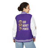 God Money Power Letterman Jacket — Red Varsity Bomber with GMP Gold Logo