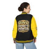 Letterman Jacket — God Money Power Gold Emblem Varsity Jacket