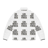 God Money Power Puffer Jacket — Bold Graphic Men's Winter Coat