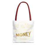 Inspirational Faith Tote Bag — "Put God First, Hustle for the Money" All-Over Print