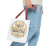 God Money Power Tote Bag — Bold Pyramid Graphic Religious Statement Tote