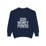 Graphic Sweatshirt - "God Money Power" Blue Retro Streetwear Crewneck