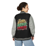 Letterman Jacket — "God Money Power" Graphic Varsity Jacket