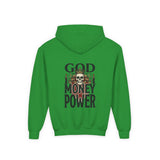 Youth Hoodie "God Money Power" Skull Graphic