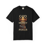 God Money Power T-Shirt — Crown, Coin & Fist Graphic Tee