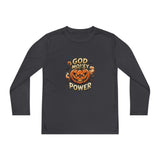 Youth Long Sleeve Tee — 'God Money Power' Halloween Pumpkin Graphic