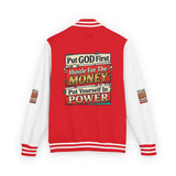 Letterman Jacket — "Put GOD First, Hustle For The MONEY, Put Yourself In POWER" Inspirational Varsity Coat