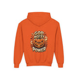 Halloween Pumpkin Hoodie — “God Money Power” Graphic Youth Sweatshirt