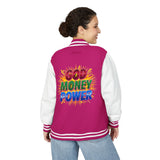 Letterman Jacket — "God Money Power" Retro Graphic Varsity Jacket