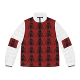 Red Graphic Puffer Jacket — Repeated Hooded Figure Print