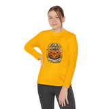 Youth Long Sleeve Tee — 'God Money Power' Halloween Pumpkin Graphic
