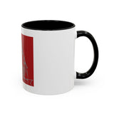 Coffee Mug — Red 'God Money Power' Saint Illustration Accent Mug (11/15 oz)